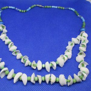 SEASHELL NECKLACE MOONGLOW Blue Green Beads 2 Strand Bead Seashell Moonglow